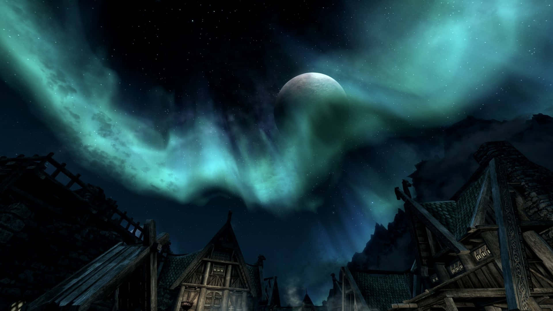 Download 2560 X 1440 Skyrim Northern Lights In City Wallpaper