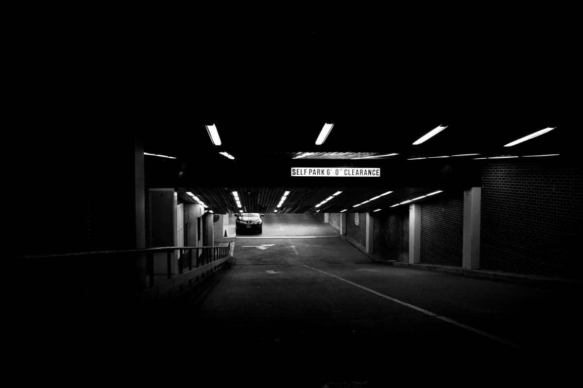 Free Image, light, black and white, car, night, dark, vehicle, darkness, lighting, parking lot, midnight, monochrome photography, film noir, computer wallpaper, underground garage 5786x3857