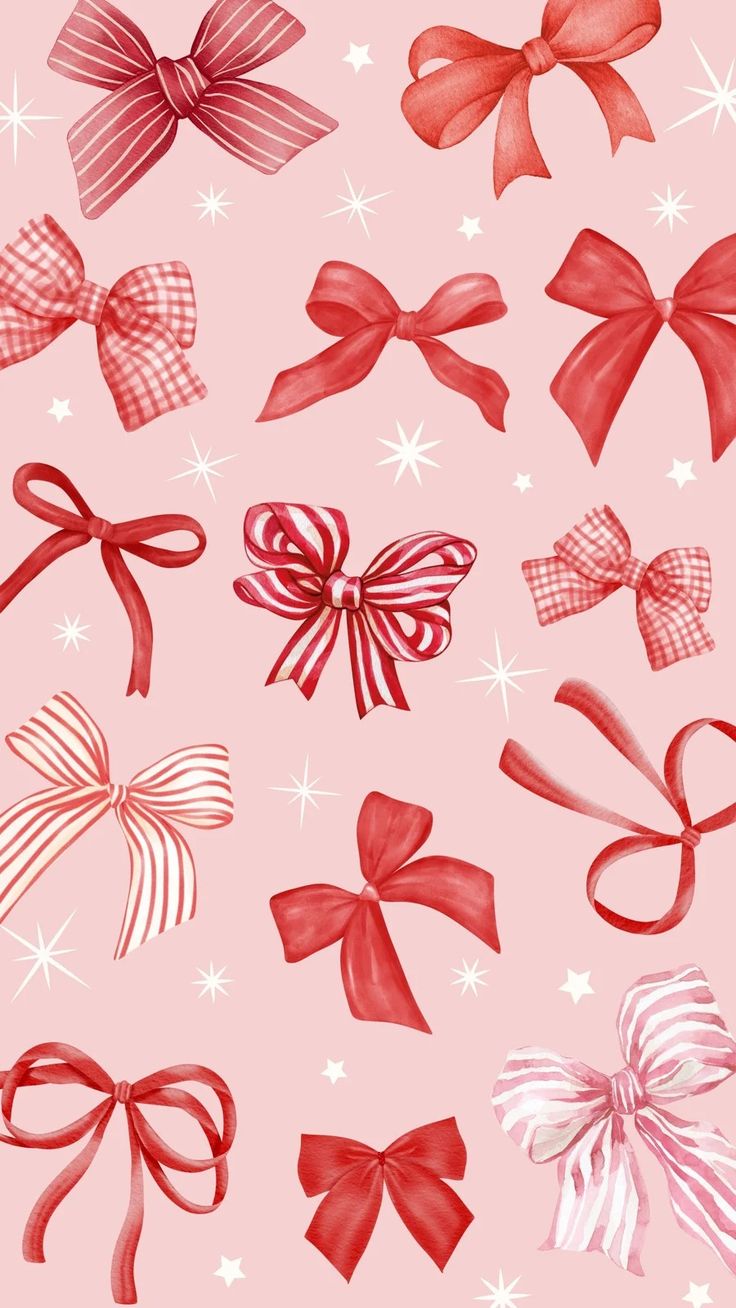 Coral and Red Cute Watercolor Illustrative Christmas Bows Background Phone Wallpaper