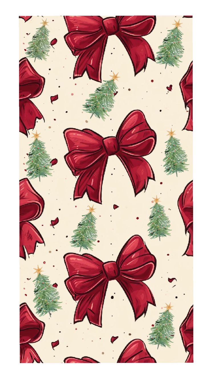 aesthetic Christmas wallpaper with red bows and mini Christmas trees