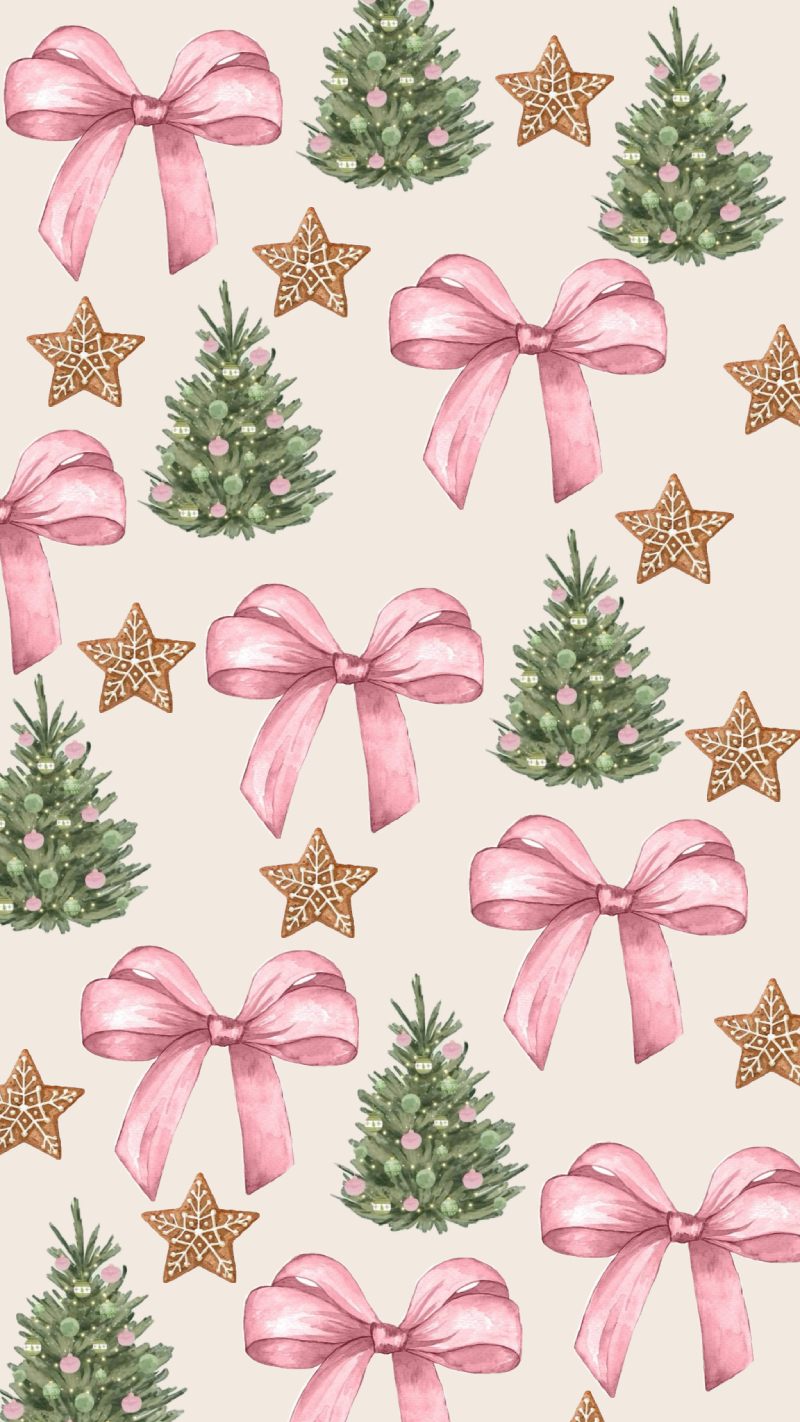 Pink Bow, Gingerbread Star & Christmas Tree iPhone Wallpaper