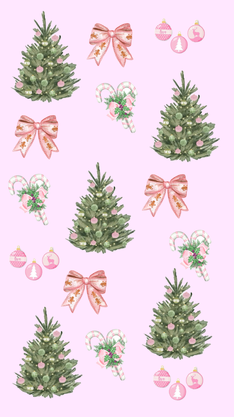 Pastel Pink Christmas iPhone Wallpaper with Bows, Candy Canes & Trees