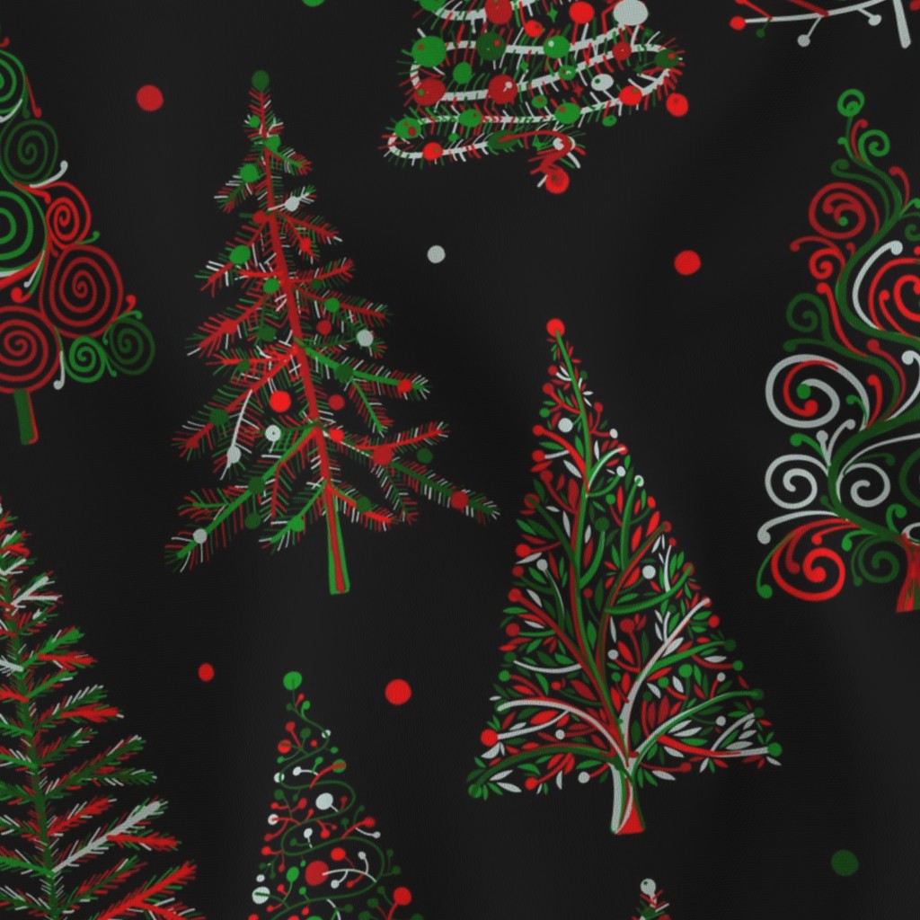 Christmas Trees on Black Background Fabric