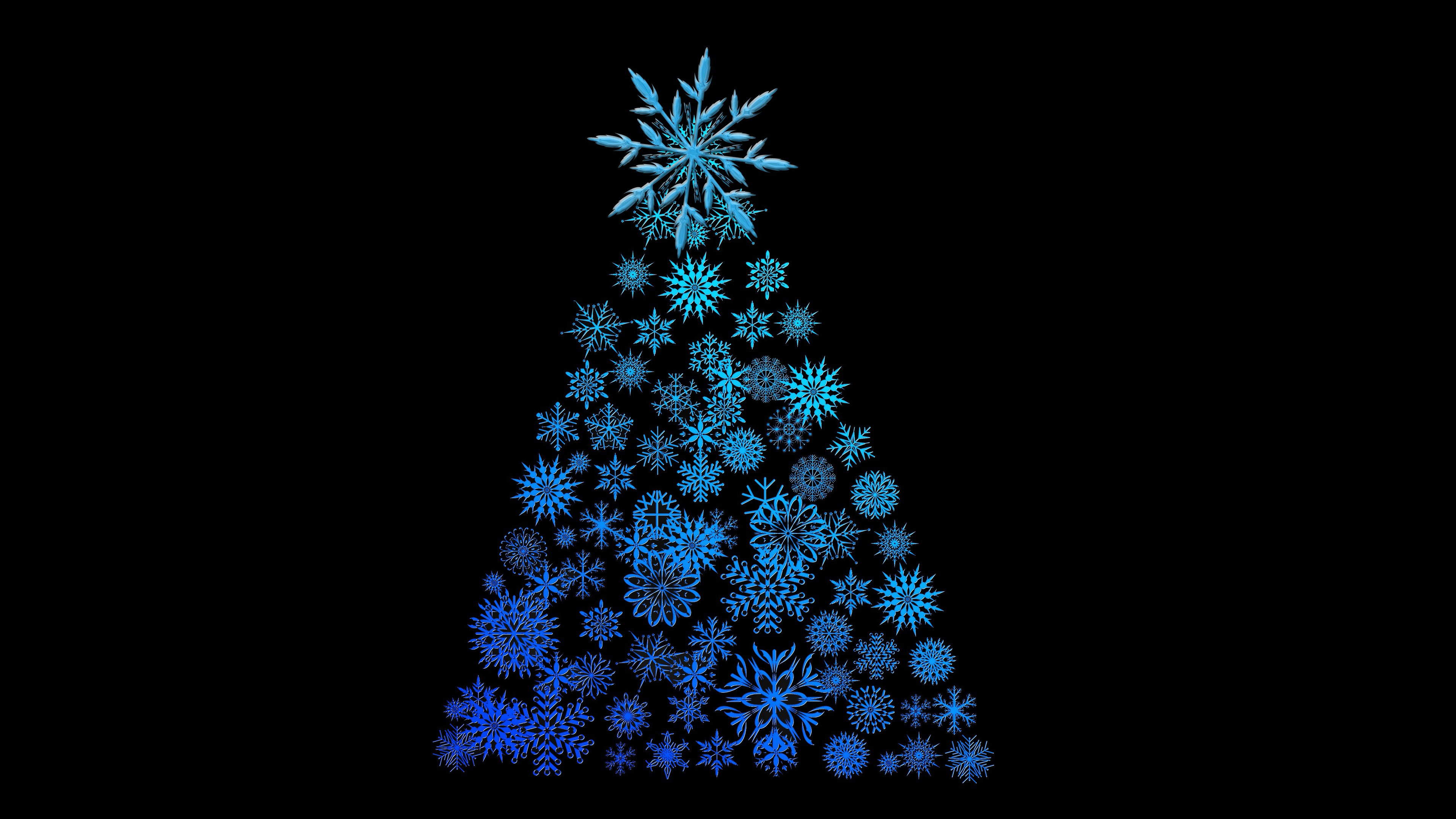Blue Snowflake Christmas Tree In Black Background 4K HD Snowflake Wallpaper