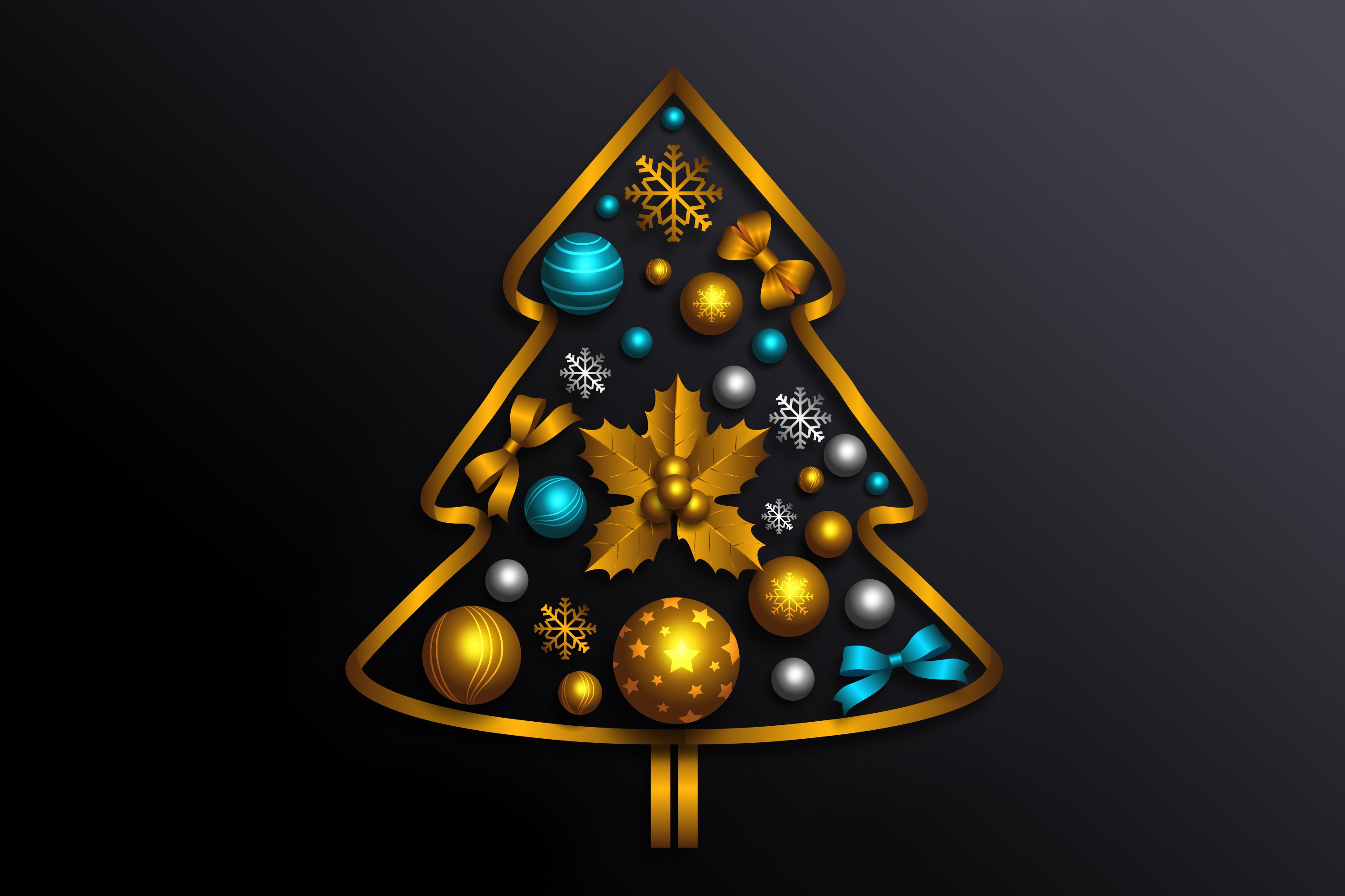 Wallpaper decoration, gold, tree, new year, Christmas, golden, black background, Christmas for mobile and desktop, section новый год, resolution 3000x2000