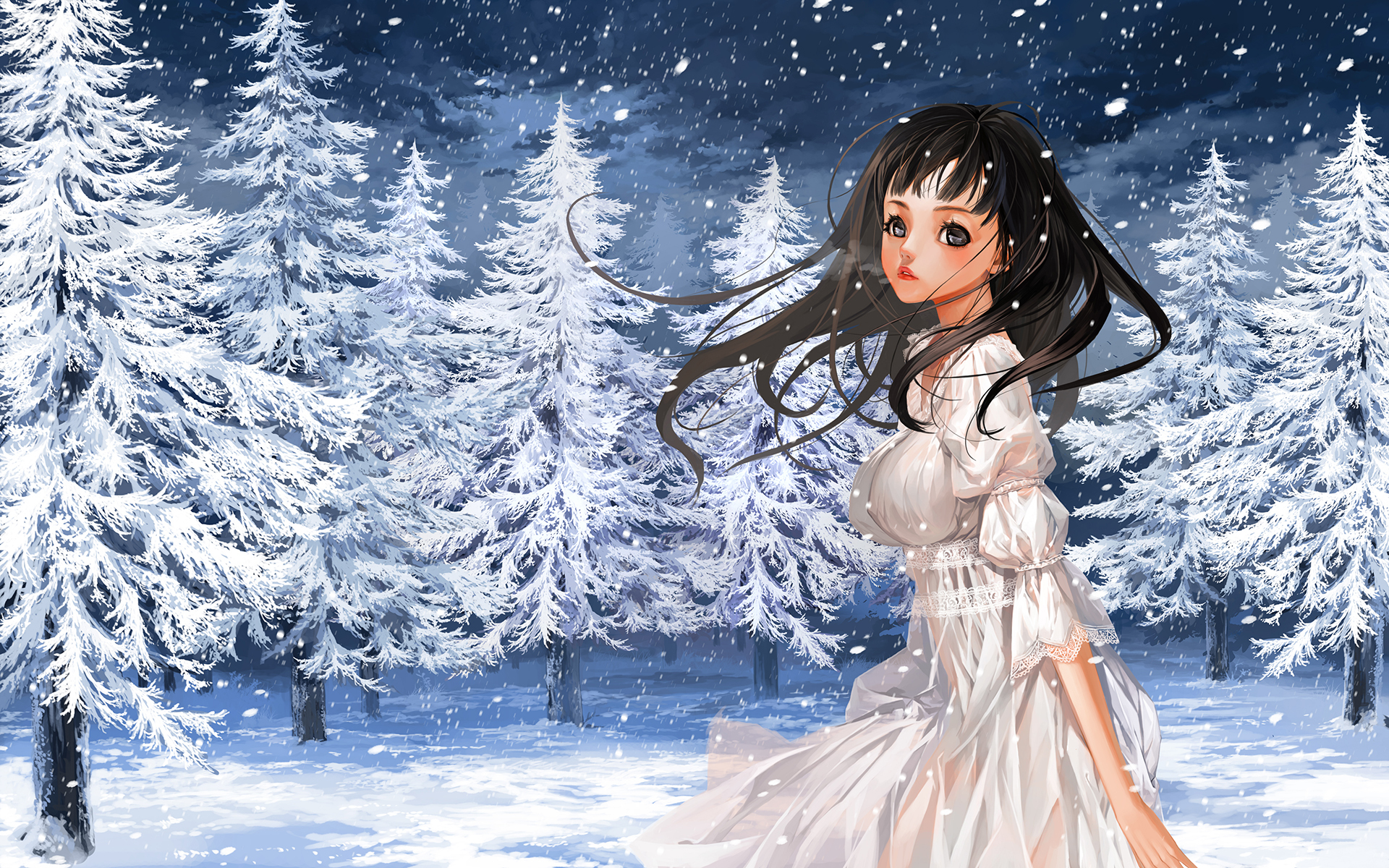 Desktop wallpaper: Anime, Girl, Black Hair, Forest, Snow, Tree, Winter 4K free download for PC. 807429