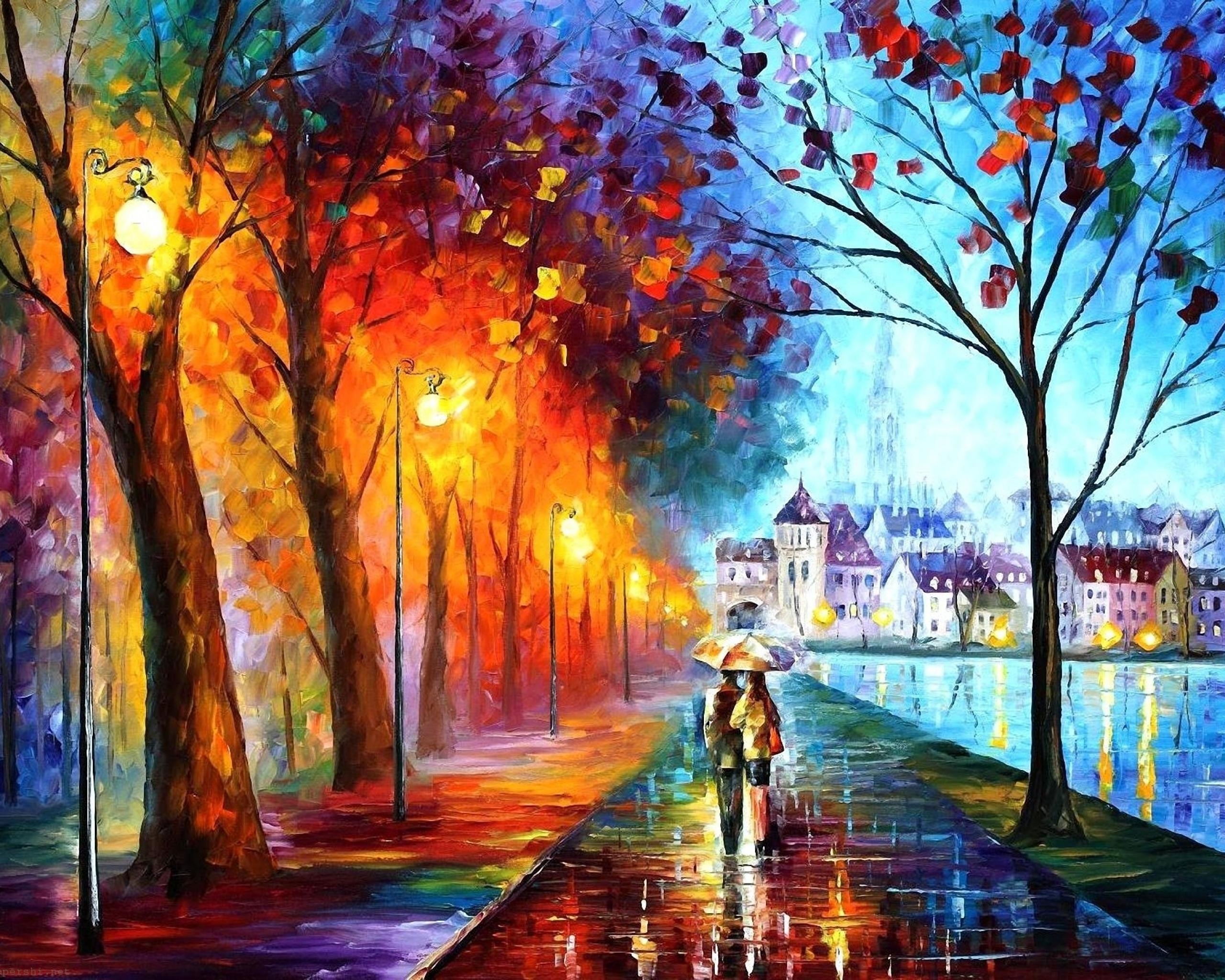 Desktop wallpaper: Art, Autumn, Picture, Drawing, Stroll 4K free download for PC. 128374