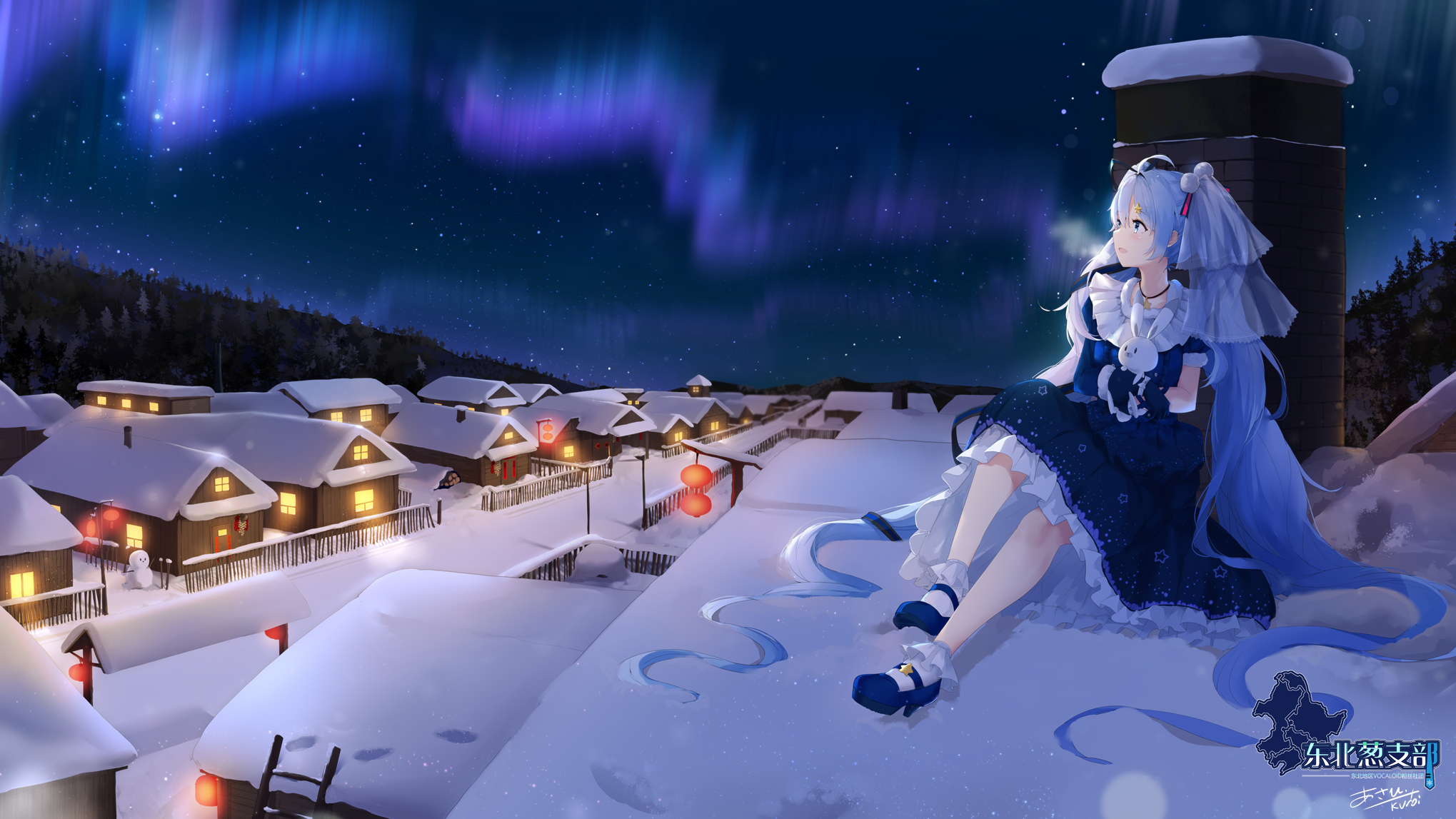 Download Blue Hair Winter Twintails Snow Sky Night Long Hair Hatsune Miku Anime Vocaloid Winter Anime Anime Night Winter Night Sky Anime Night Snow HD Wallpaper by あさひクロイ