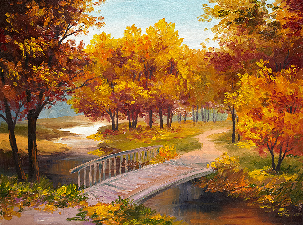 Picture Autumn bridge Nature park Pond Pictorial art Trees Painting