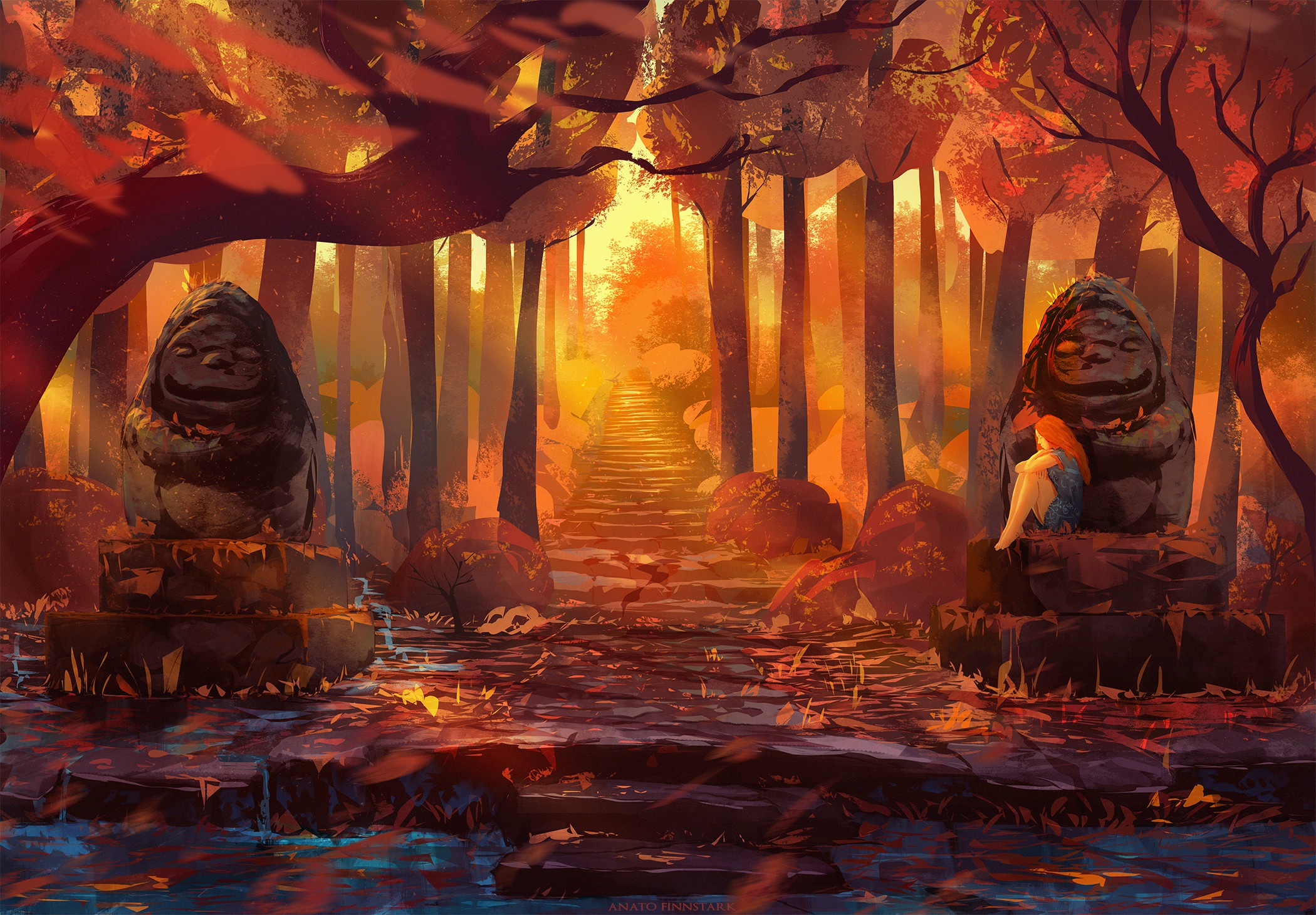 Desktop wallpaper: Fantasy, Oriental, Fall, Forest, Path, Statue 4K free download for PC. 1014583