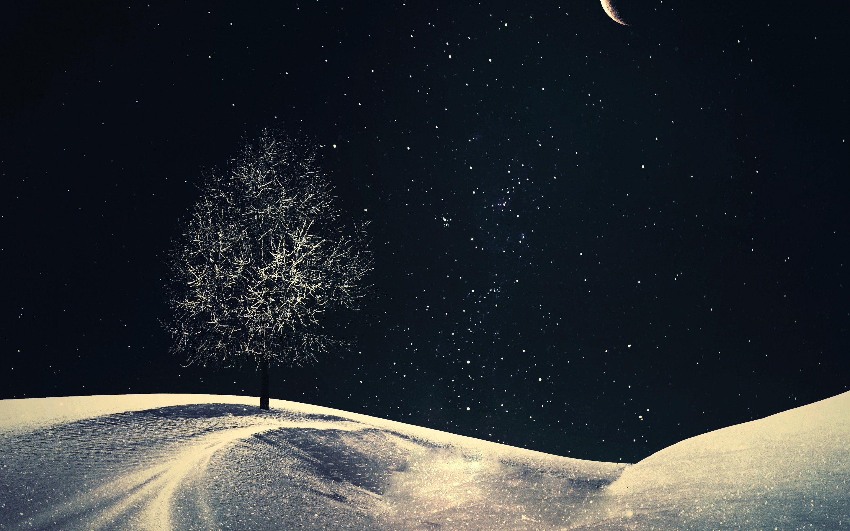 Lone tree Wallpaper 4K, Crescent Moon, Night, Starry sky