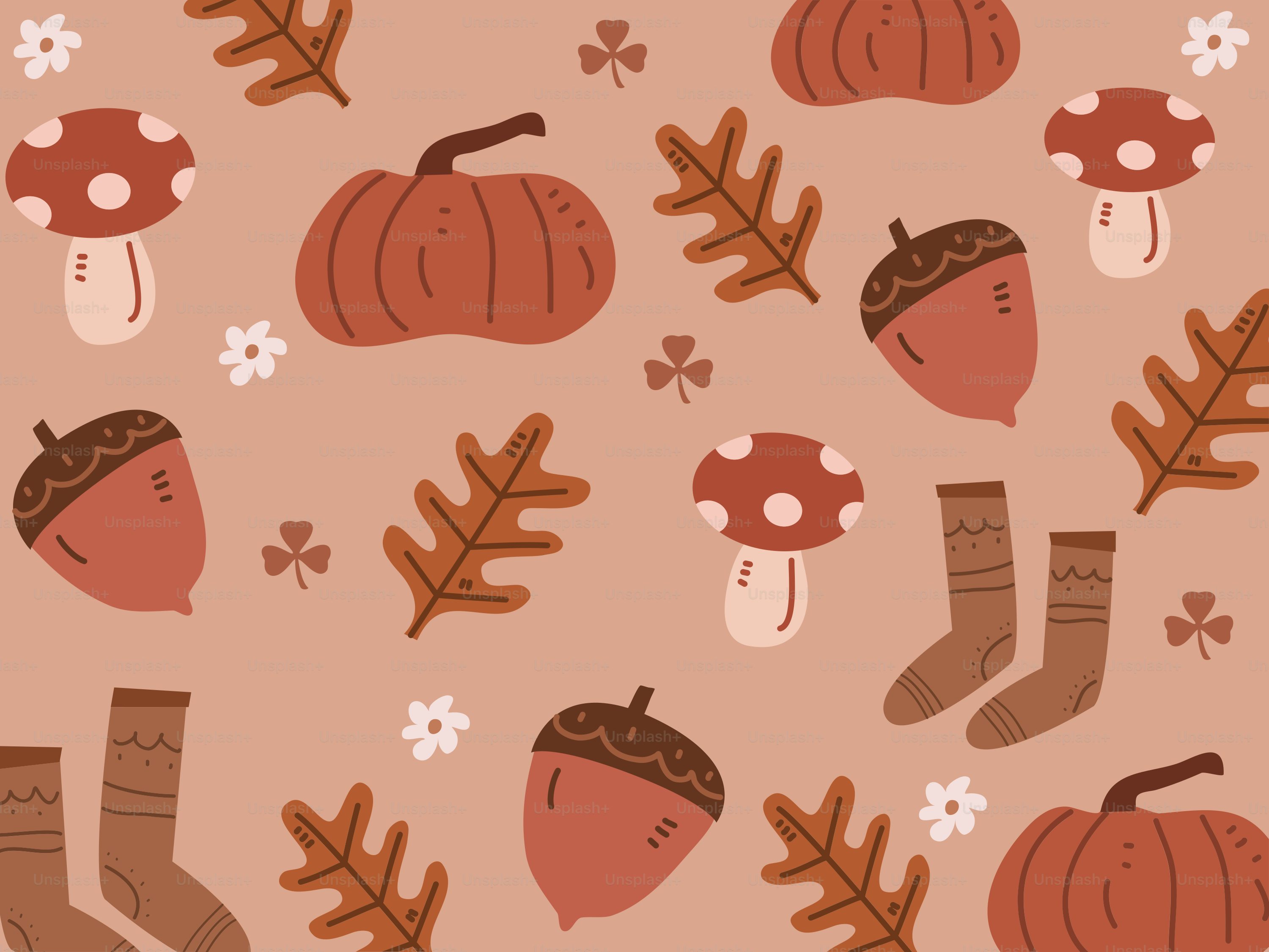 Autumn pattern with pumpkins, acorns, leaves, and mushrooms. vector