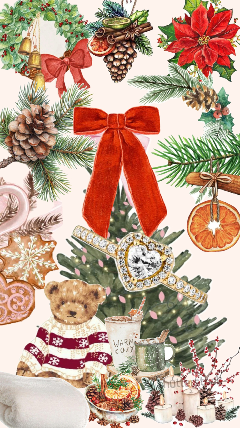 Pinecone, Red Bow, Teddy Tree Christmas Aesthetic Wallpaper for iPhone