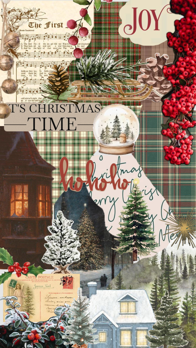 Vintage Plaid Winter Cabin Christmas Collage Wallpaper for iPhone