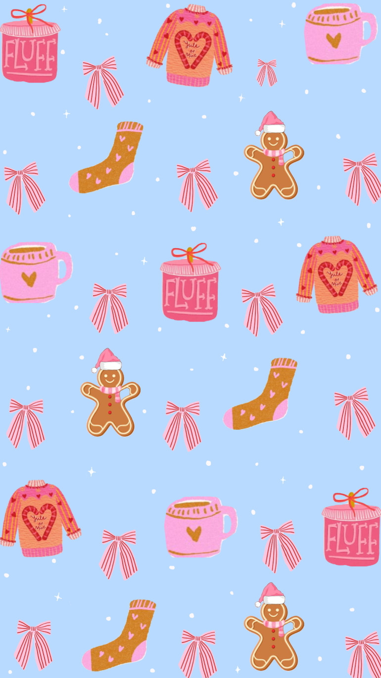 Blue Christmas Aesthetic Preppy Phone Wallpaper (Gingerbread, Sweaters & Hot Cocoa)