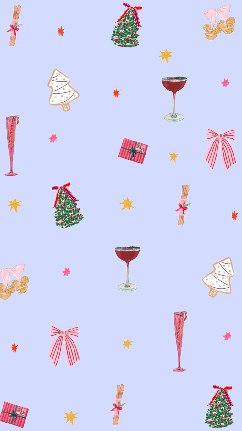 Festive Preppy Wallpaper, Blue Aesthetic Phone Background with Trees, Bows & Cocktails