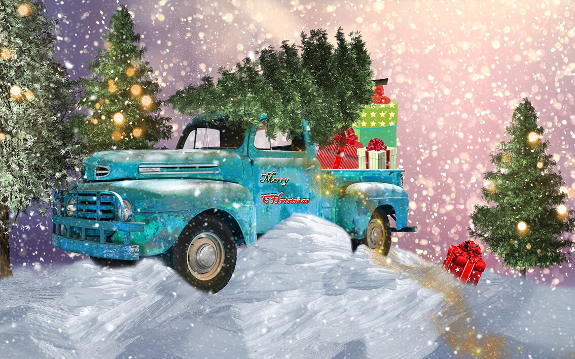 Christmas Retro Truck Backdrop Xmas Tree Gifts Photo Background Studio Props