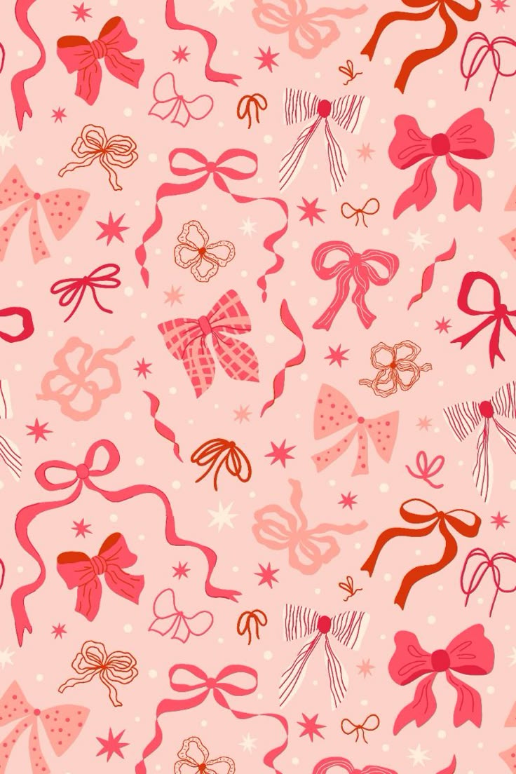 Pink coquette bows and ribbons seamless pattern. Vector preppy wallpaper with bow knots, stars