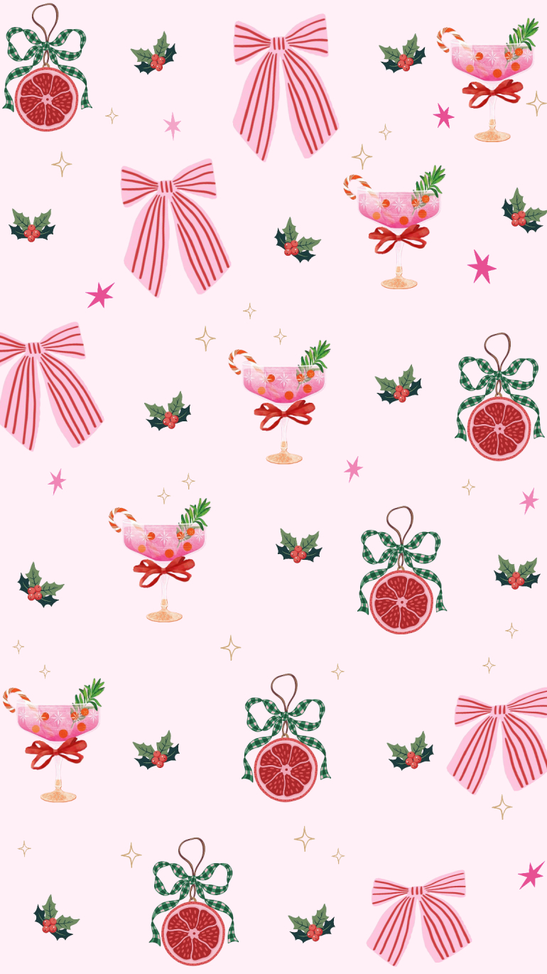 Festive Preppy Wallpaper, Pink Holiday Cocktails & Bows Aesthetic Christmas Phone Background