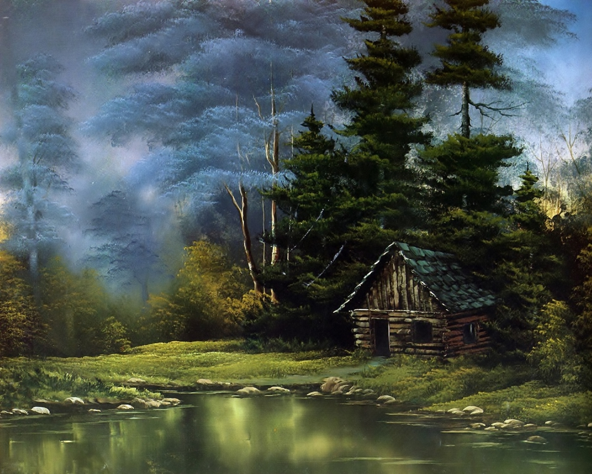 Wallpaper forest, water, trees, landscape, nature, lake, stones, hut for mobile and desktop, section живопись, resolution 1920x1536