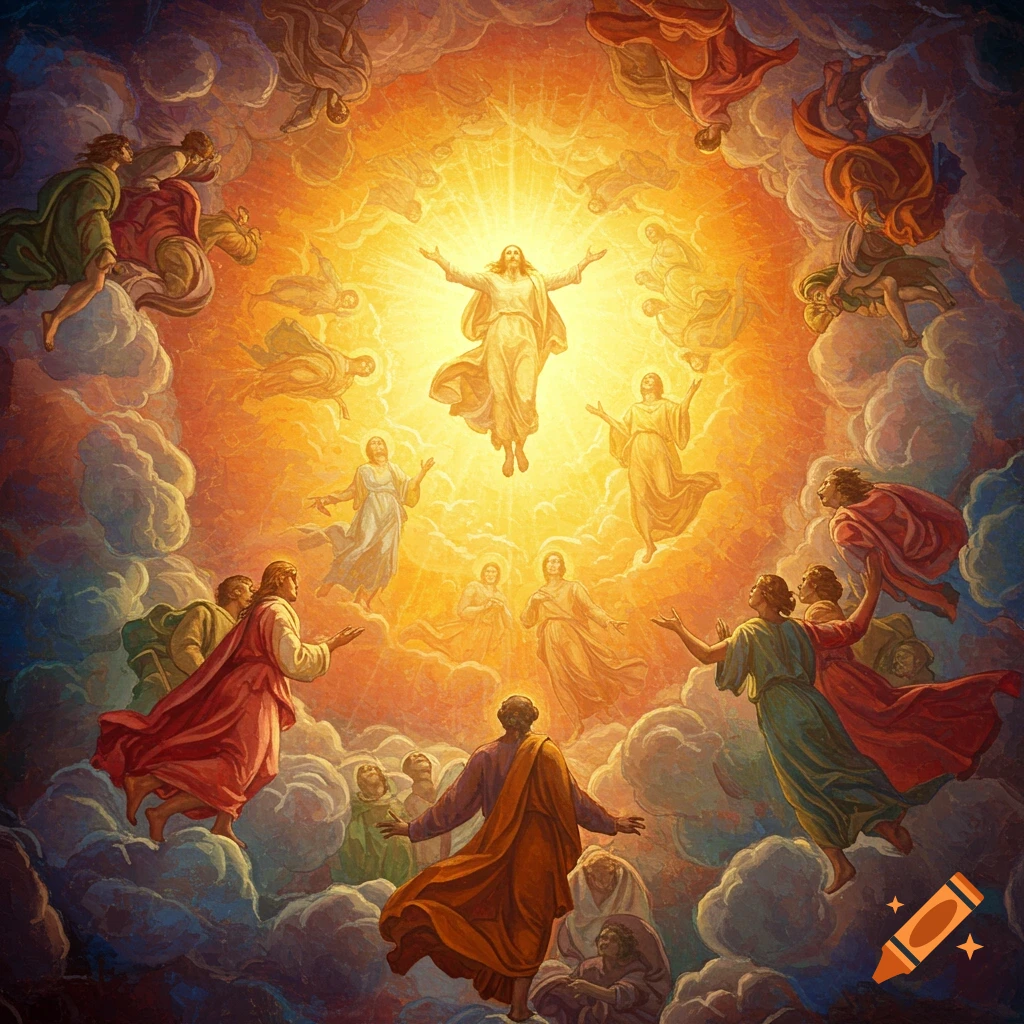 A painting of Jesus ascending into a radiant light, surrounded by disciples and angels among clouds. on Craiyon