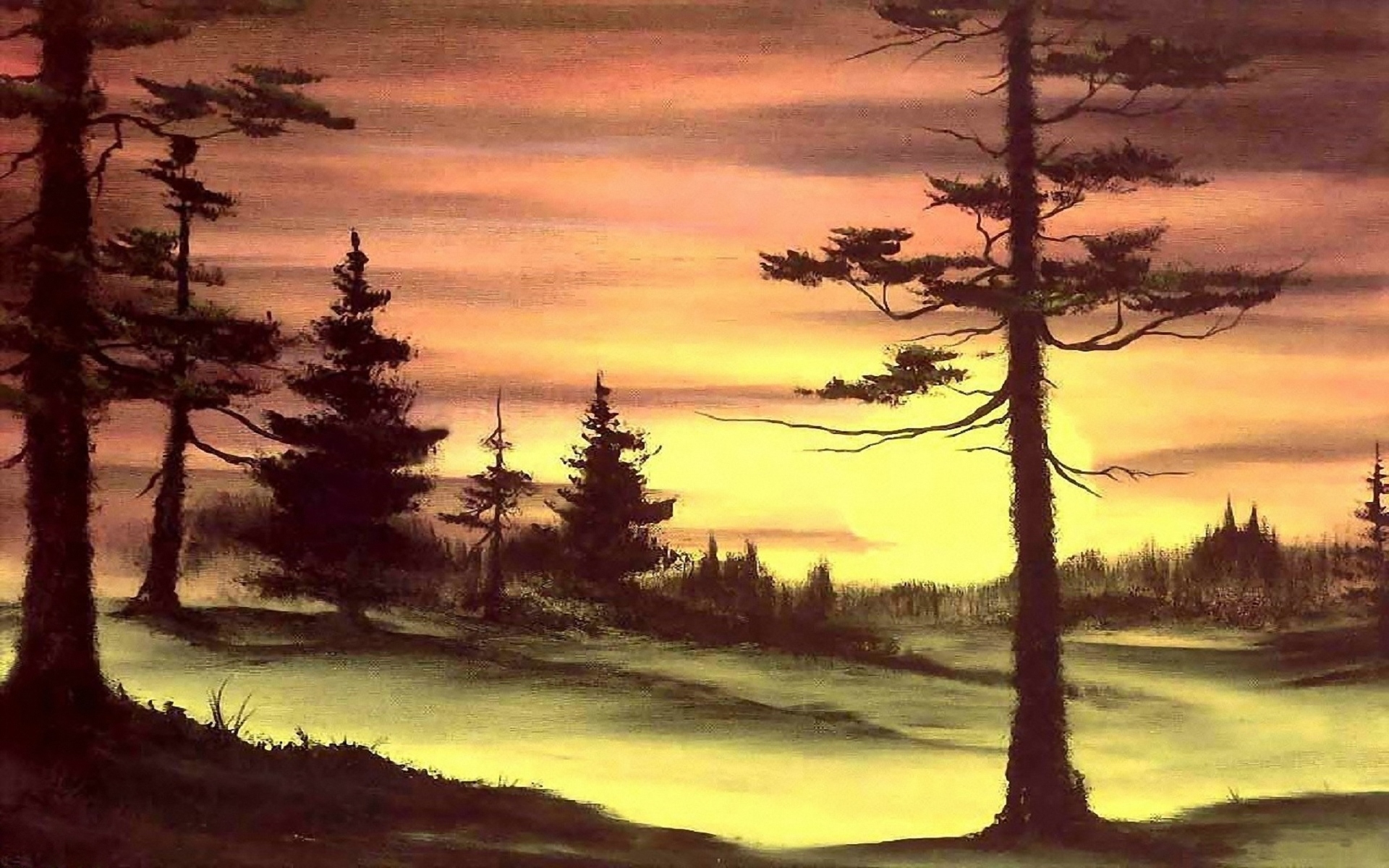 Wallpaper forest, the sun, trees, sunset, nature, picture, painting, Bob Ross for mobile and desktop, section живопись, resolution 1920x1200