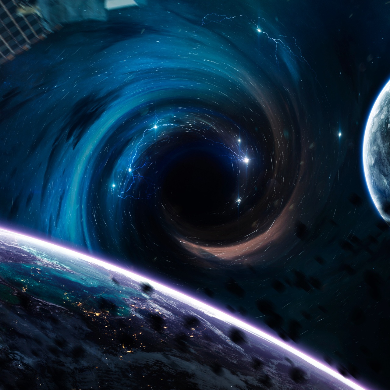 Black hole Wallpaper 4K, Planets, Horizon, Asteroids