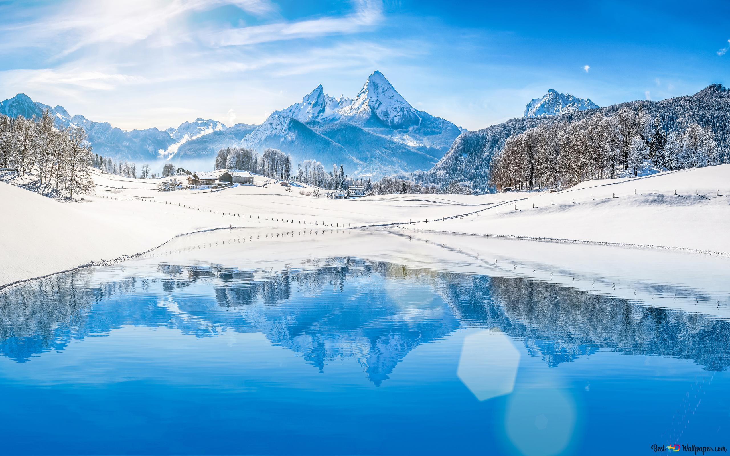 Winter landscape lake and forest front of the mountains 4K wallpaper download