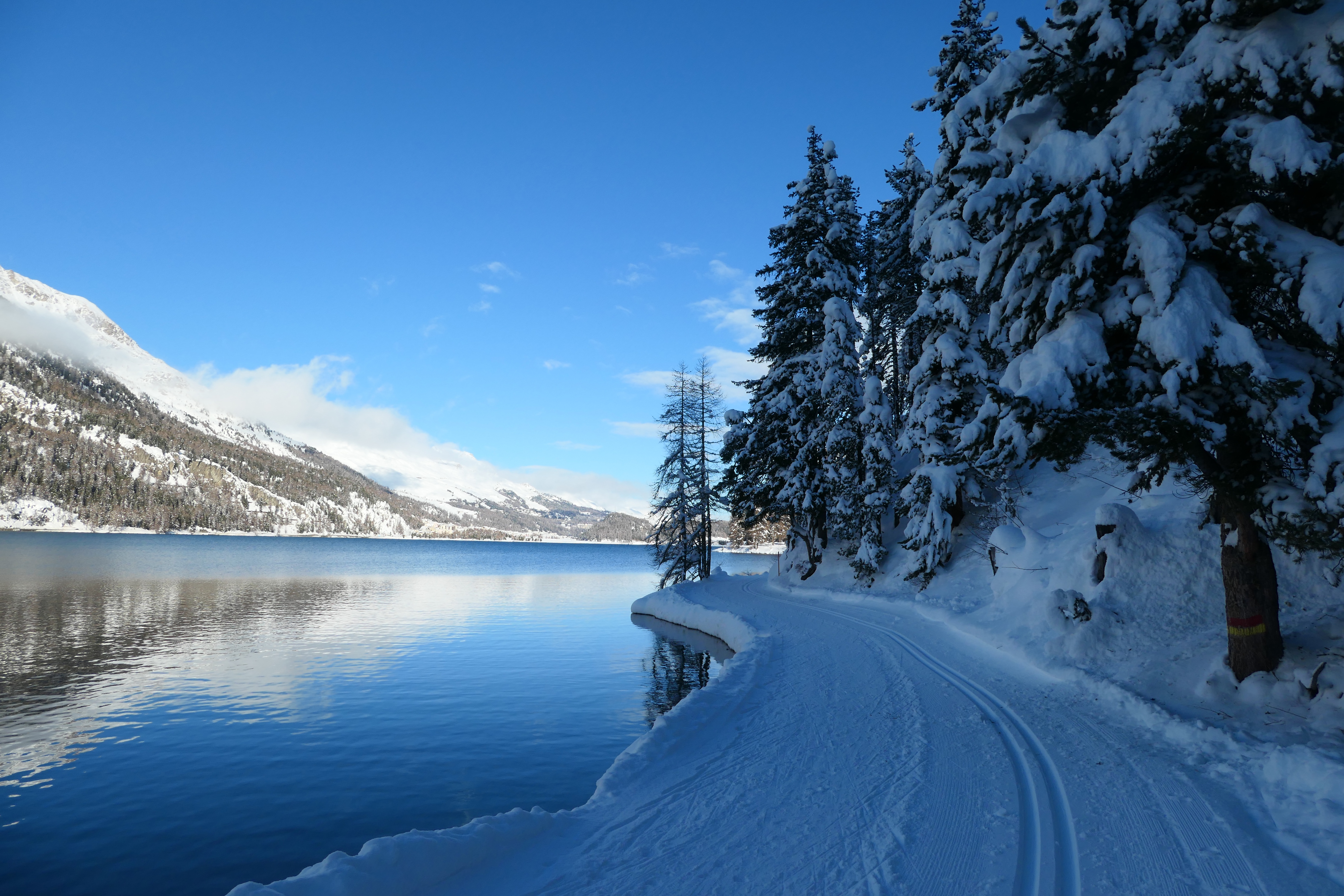 Desktop wallpaper: Switzerland, Earth, Winter, Lake Silvaplana, Lake, Path, Snow 4K free download for PC. 1007516