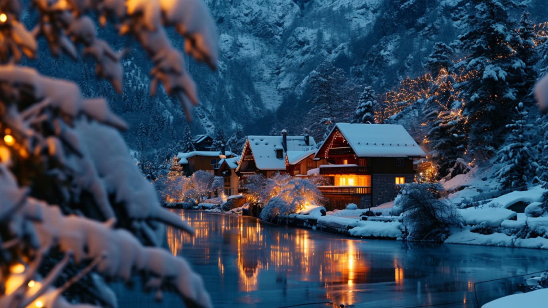 Enchanted Winter Desktop Wallpaper, Snowy Cottages With Lights in the Mountains, PC Screensaver Background, Instant Digital Download
