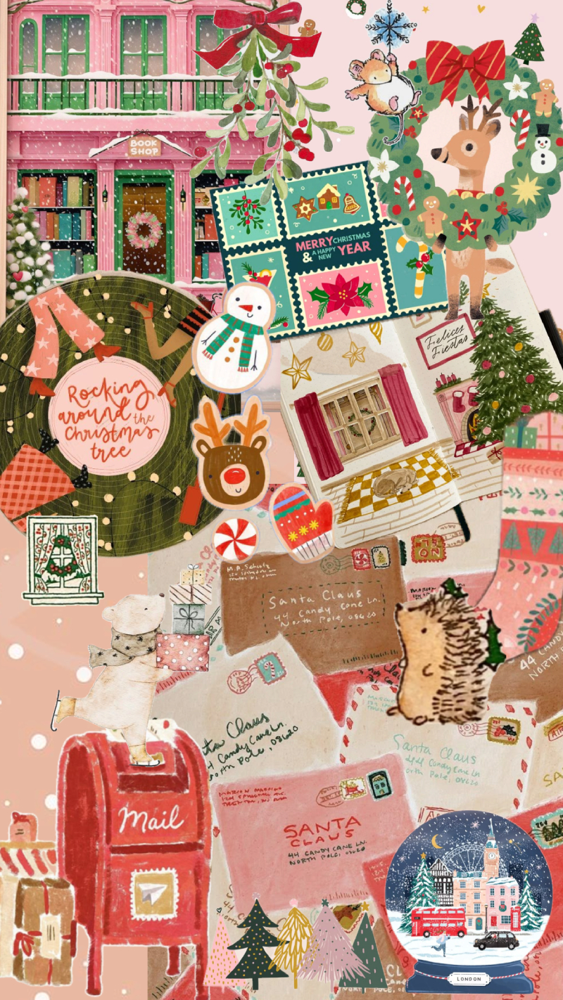 Holiday Letters & Cozy Bookshop Christmas Collage Wallpaper for iPhone