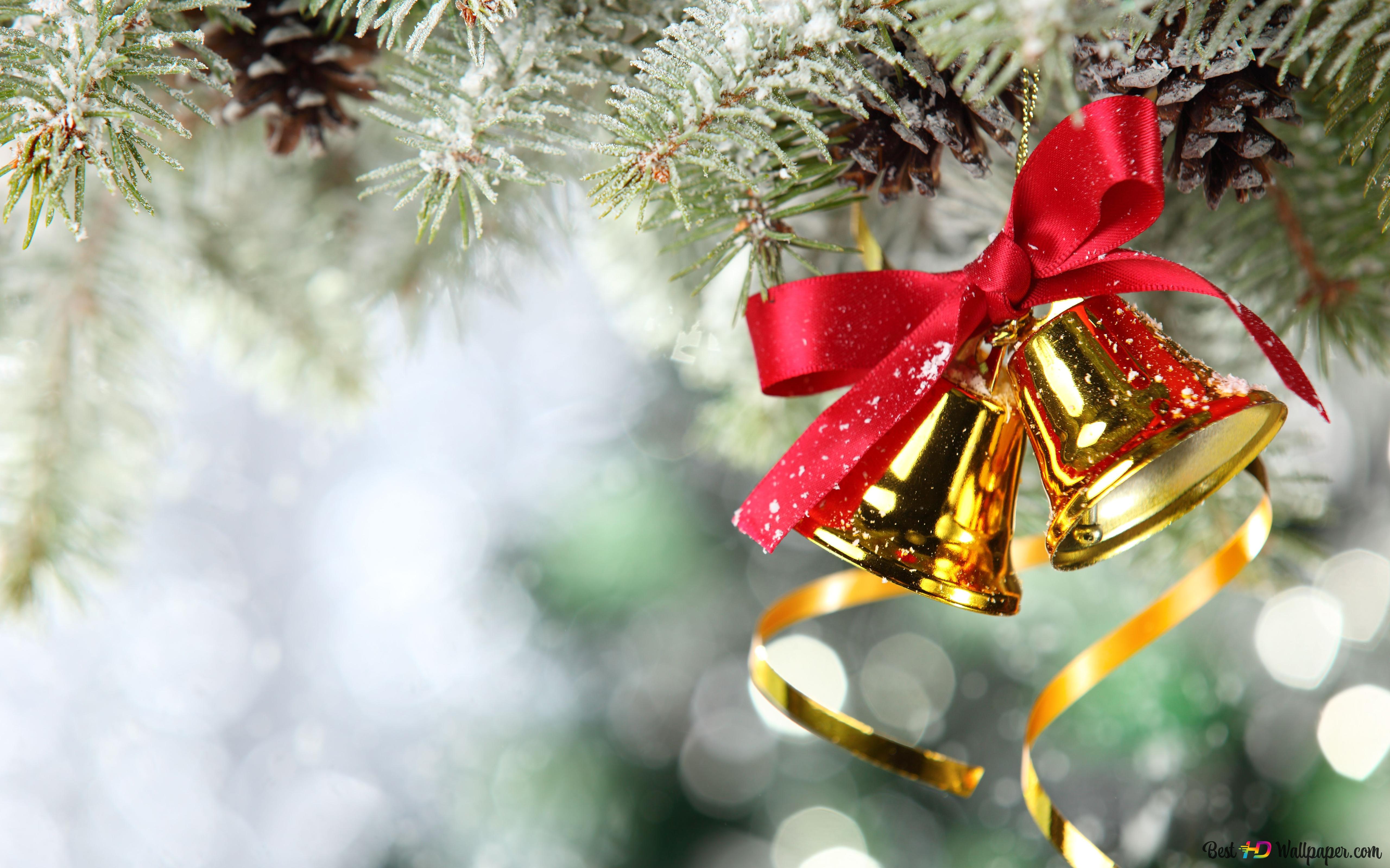 Christmas bell with a red bow 4K wallpaper download