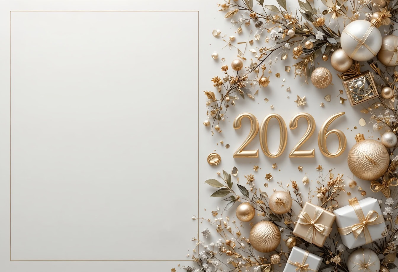 Imagem gratuita: Cartão para feliz novo ano 2026, design com decorações de férias em uma superfície branca