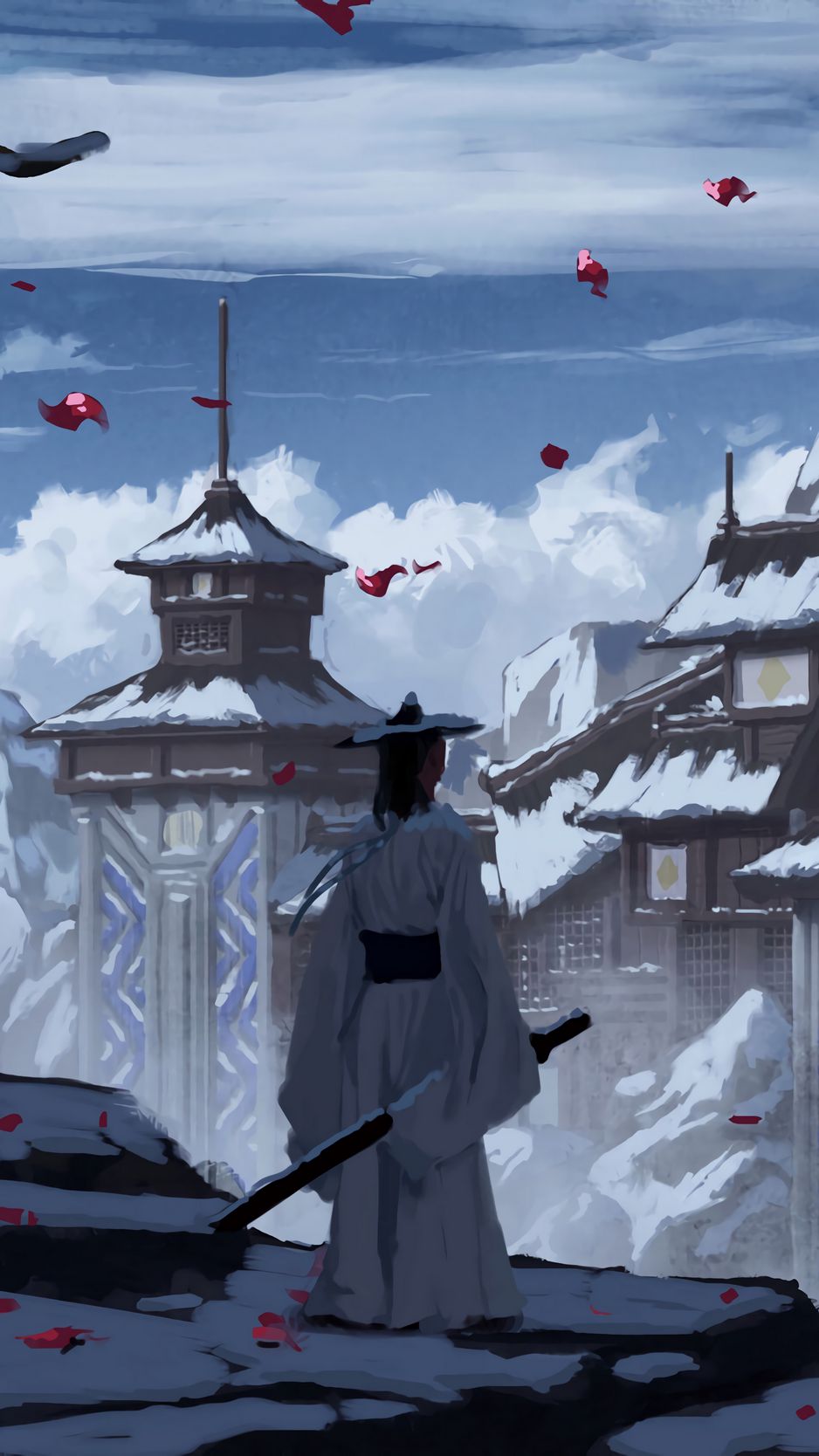 Download Wallpaper 938x1668 Samurai, Sword, Castle, Snow, Art Iphone 8 7 6s 6 For Parallax HD Background