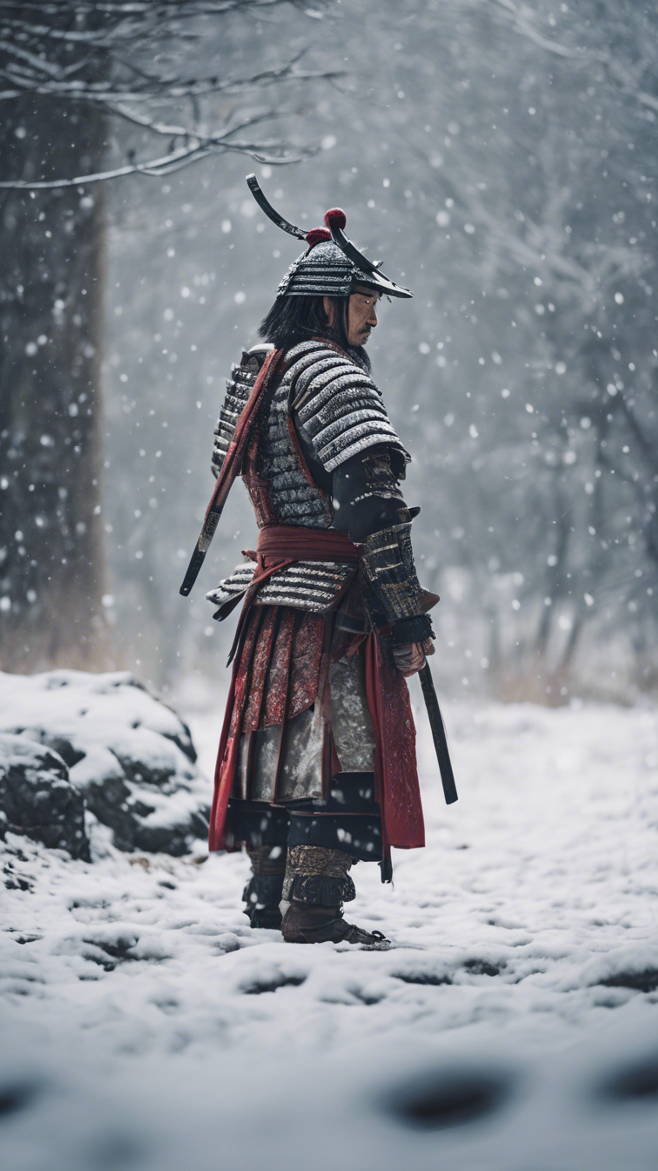 A samurai standing in the snow wearing traditional armor. Wallpaper [b16b58580372400094c6]
