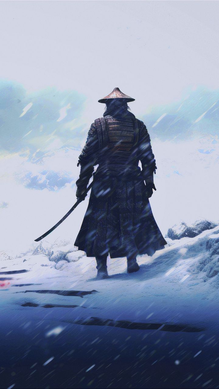 free 4K wallpaper samurai, katana, mountain, winter, snow, clouds, art