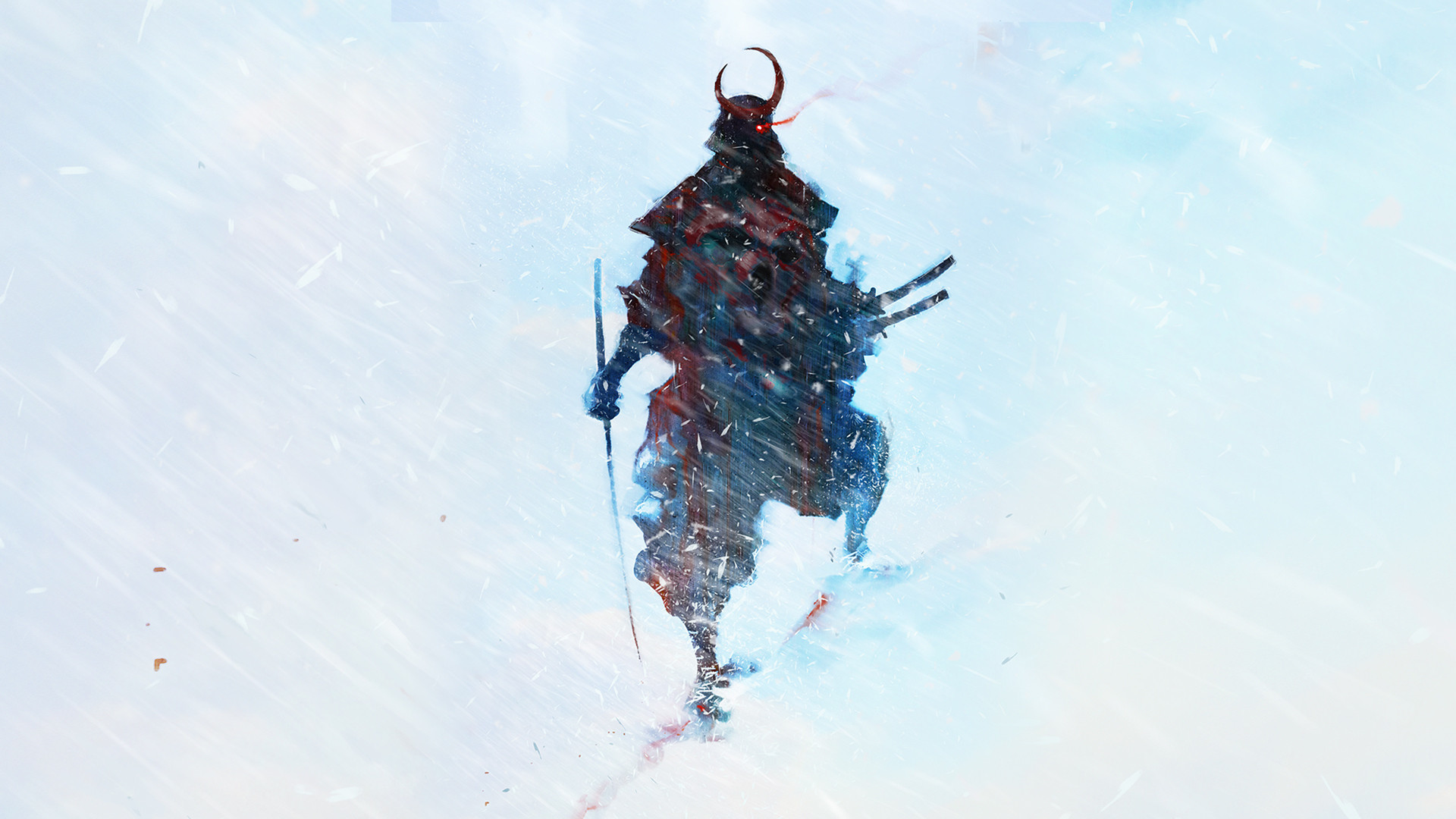 Wallpaper snow, figure, katana, warrior, silhouette, art, samurai, Blizzard for mobile and desktop, section живопись, resolution 1920x1080