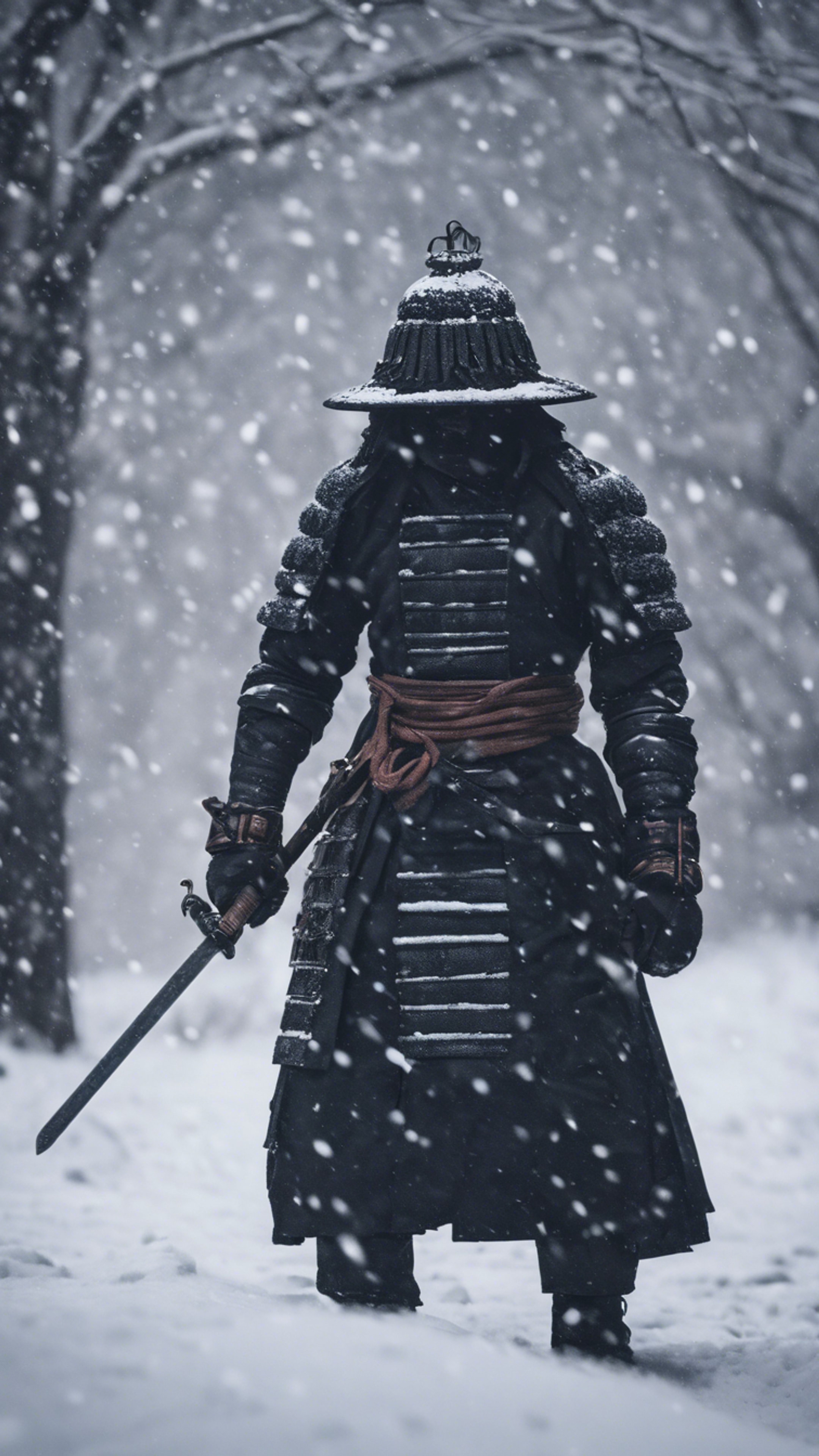 A black samurai spotted in a snowstorm, his figure silhouetted by the falling snow. Wallpaper [88721d8d6c394aacb934]