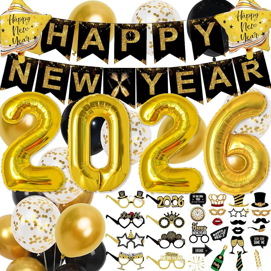 2026 Happy New Years Decorations Set New Years Eve Party Supplies 2026, Gold Numbers 2026 Balloons, New Year Photo Props and Happy New Year Glasses, Home & Kitchen