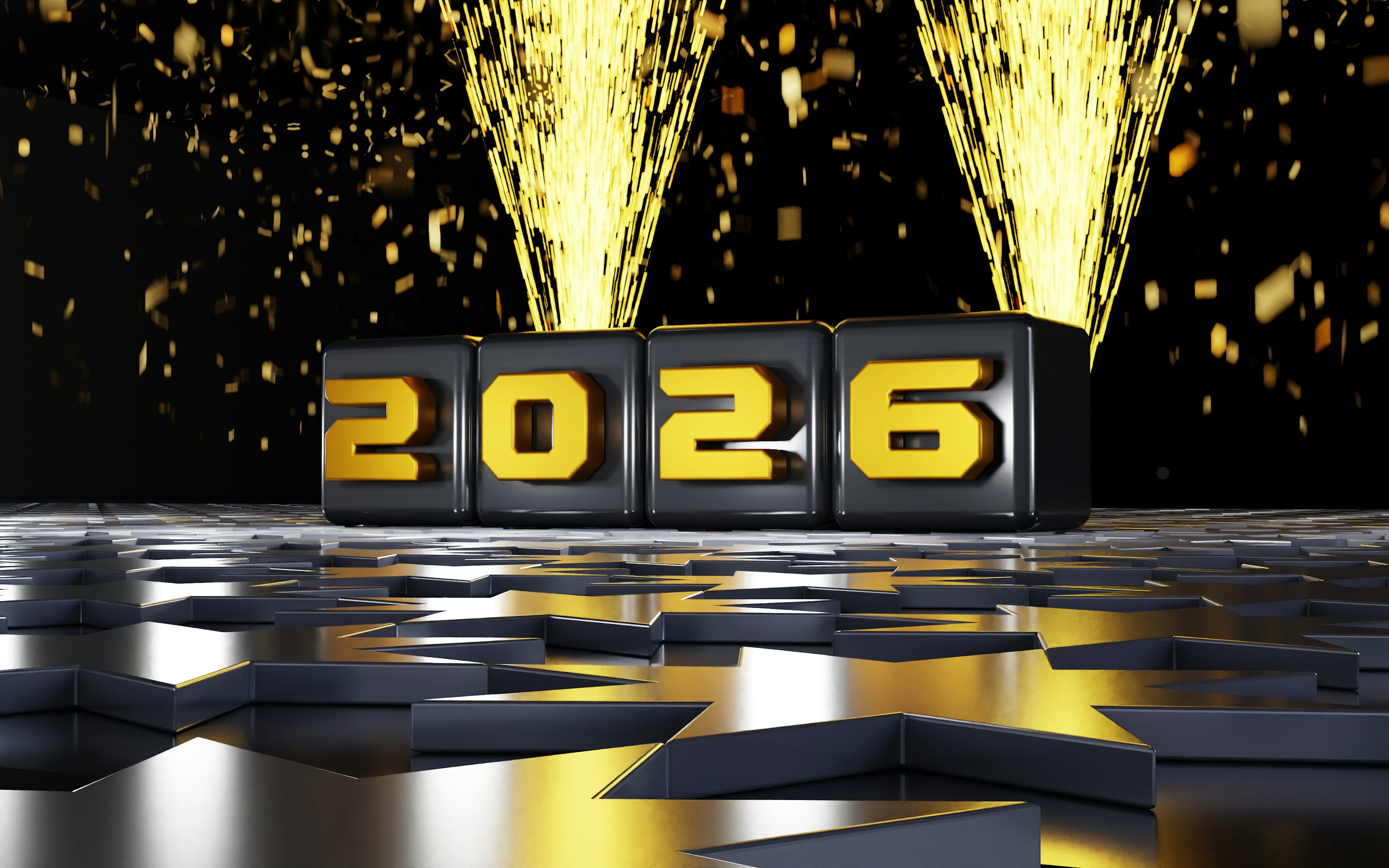 Year 2026 with golden sparks and confetti photo