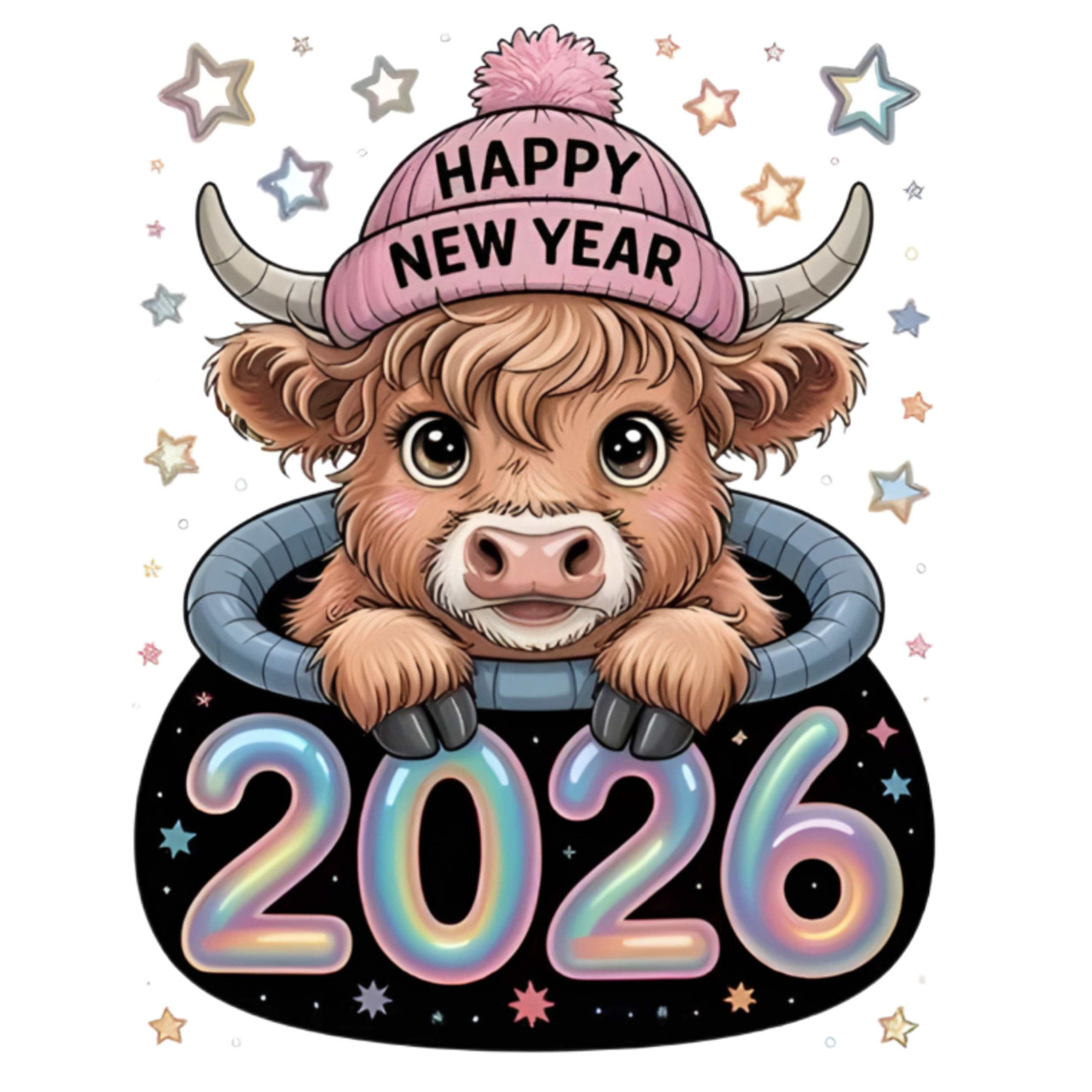 Qty) Happy New Year 2026 Cute Bull DTF transfer