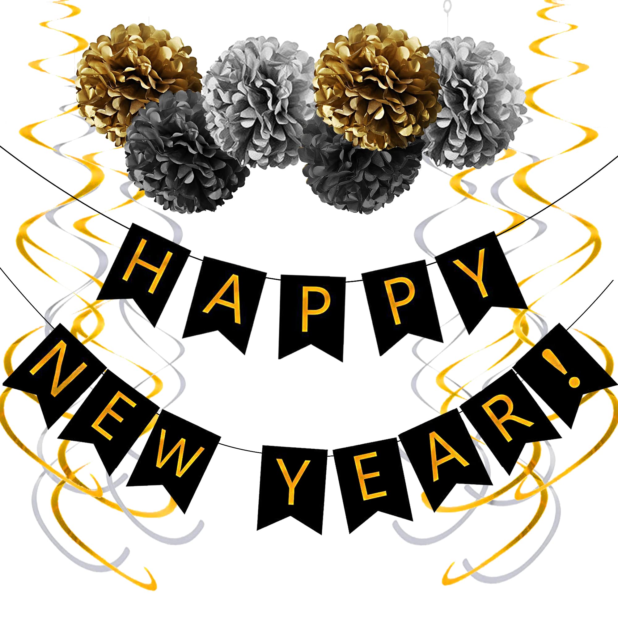 Saliyaa Gold & Black Happy New Year Banner for 2026 New Years Eve Party Supplies, Farewell 2025 Hello 2026 Happy New Year Decorations, Toys & Games