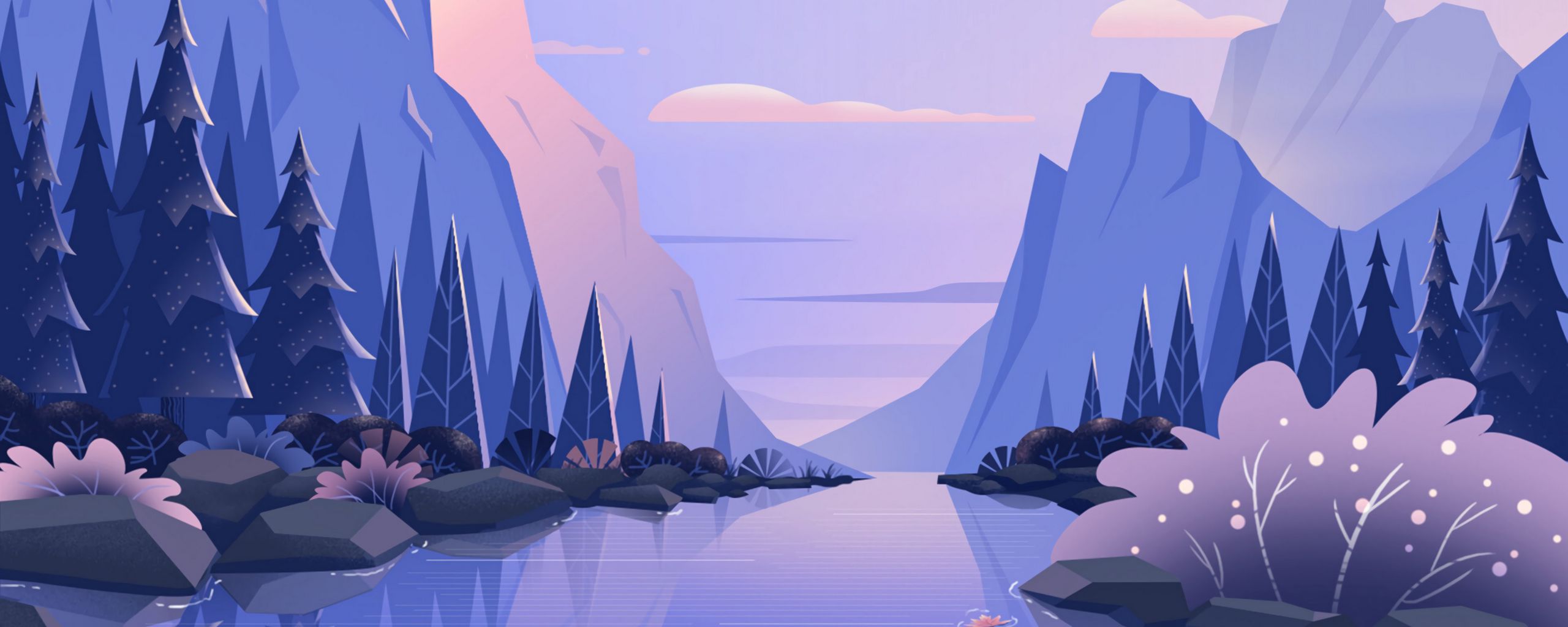 Download wallpaper 2560x1024 river, mountains, landscape, nature, art ultrawide monitor HD background