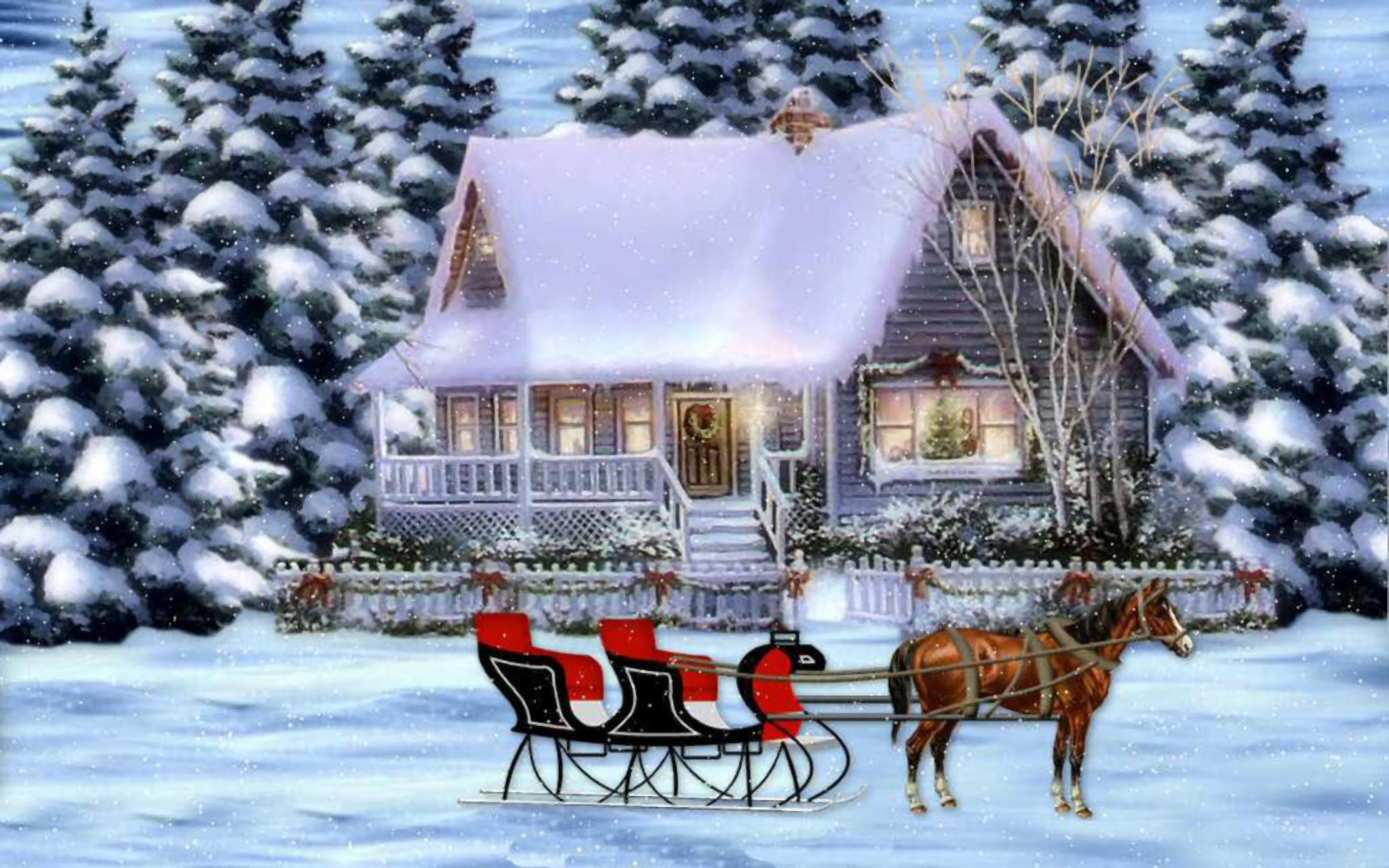 Desktop wallpaper: Holiday, Christmas, House, Reindeer, Sleigh, Snow, Tree, Winter 4K free download for PC. 747959