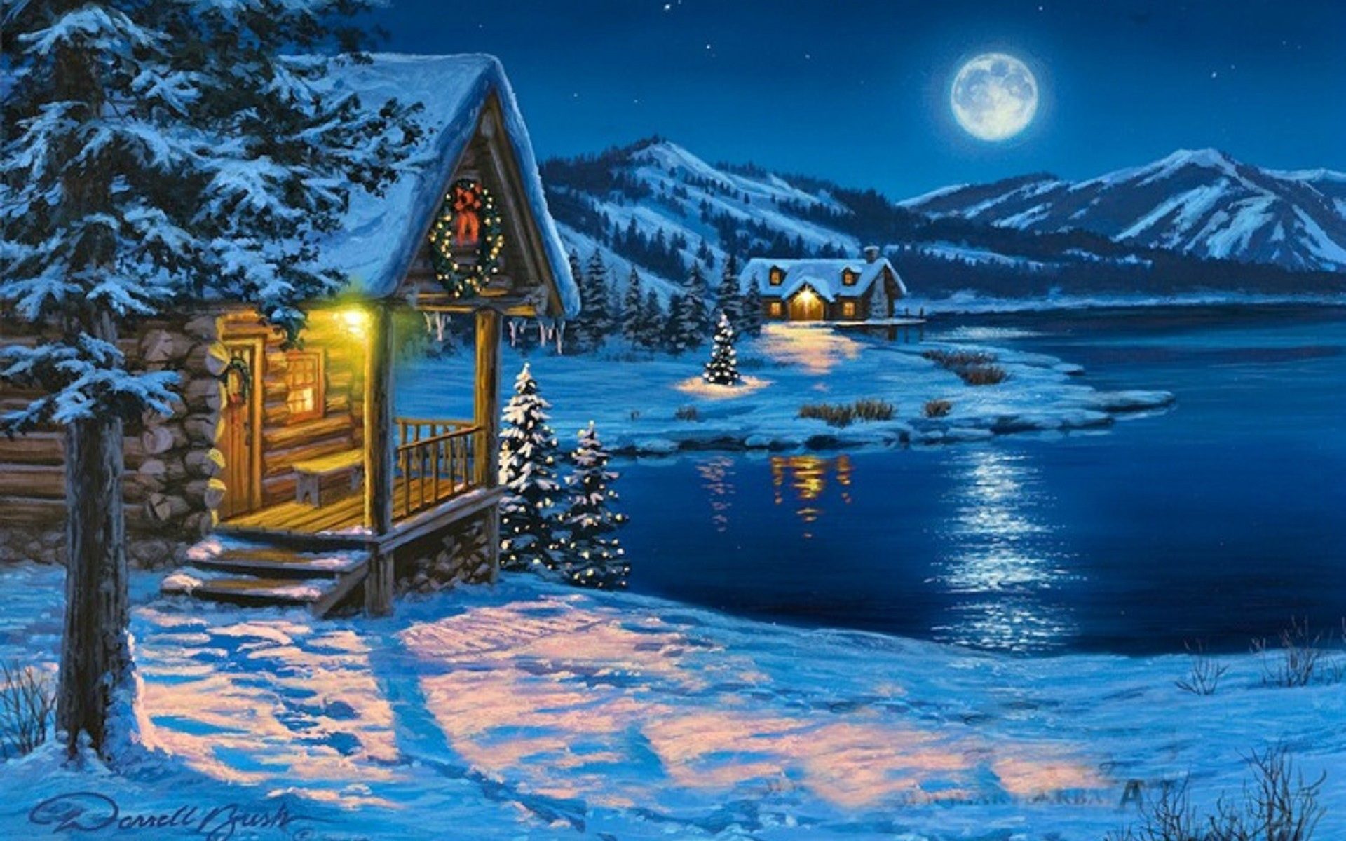 Desktop wallpaper: Winter, Holiday, Christmas, Cabin, Light, Moon, Mountain, Snow, Tree 4K free download for PC. 1506047