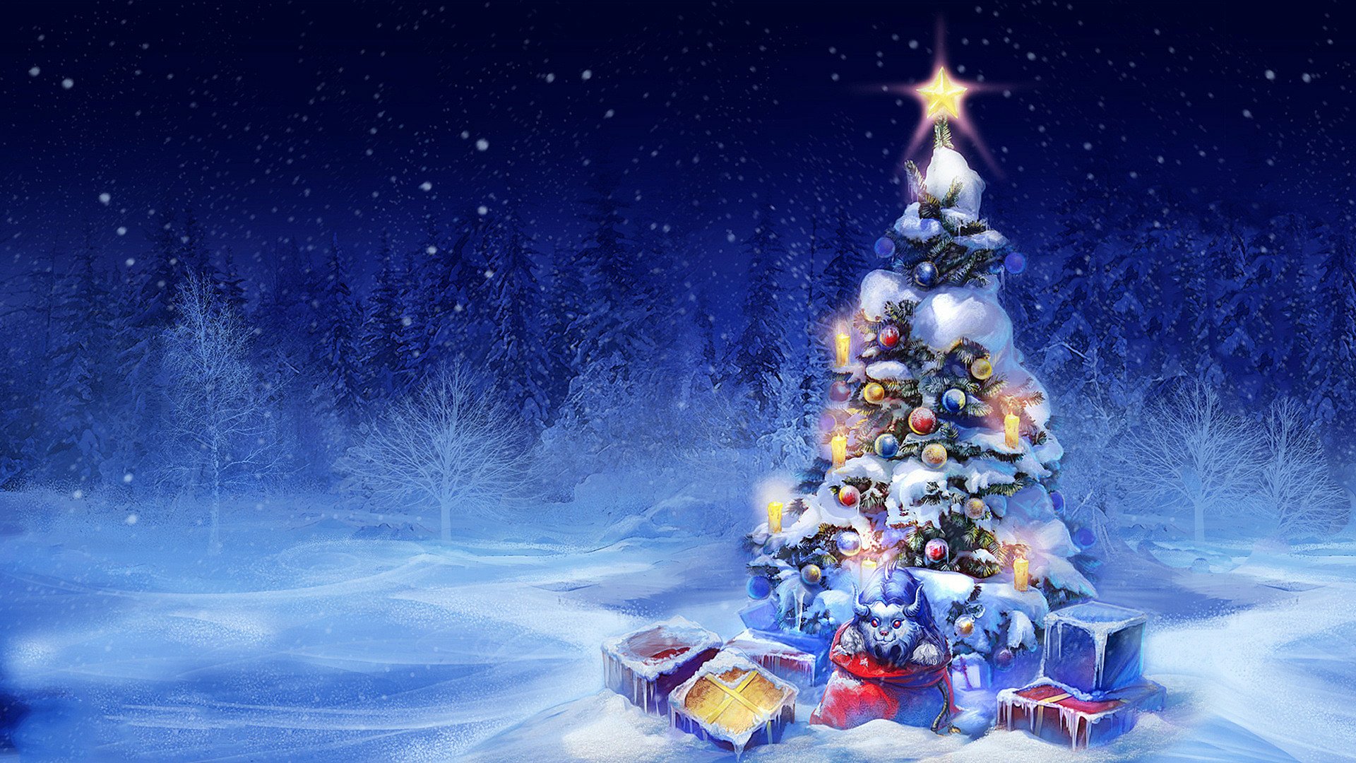 Winter Wonderland: Snowy Christmas Tree HD Holiday Wallpaper