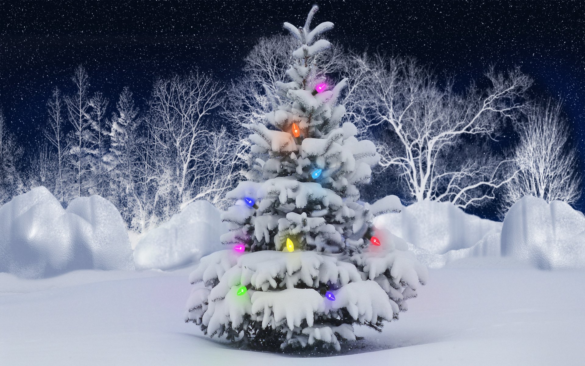 HD Christmas Tree with Lights in Snowy Wonderland Wallpaper