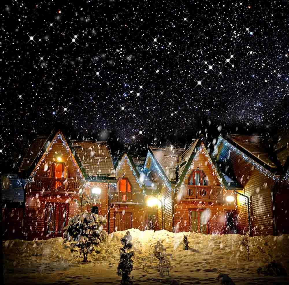 Decorated House With Christmas Lights In Night Snow Photography Backdr