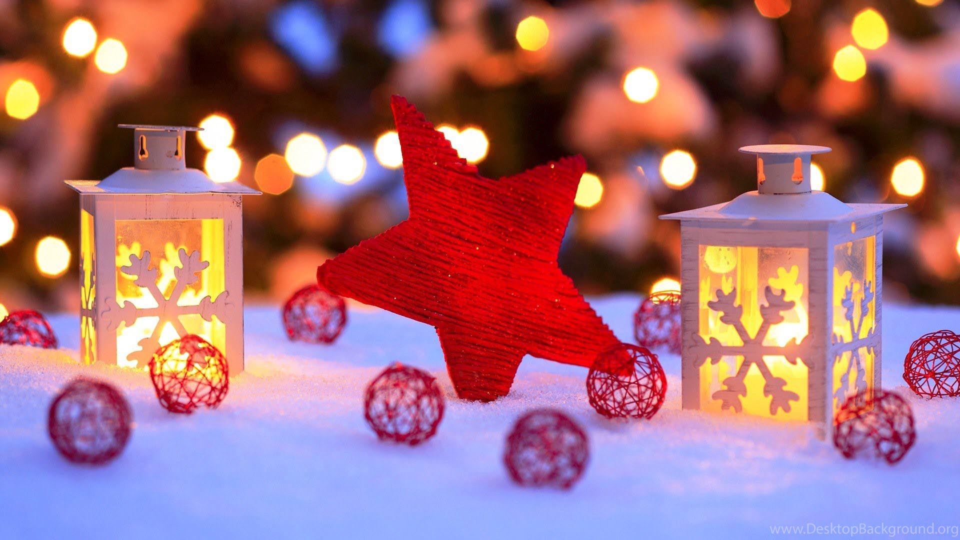 Red Star Lantern On Snow In Colorful Lights Background HD Christmas Wallpaper