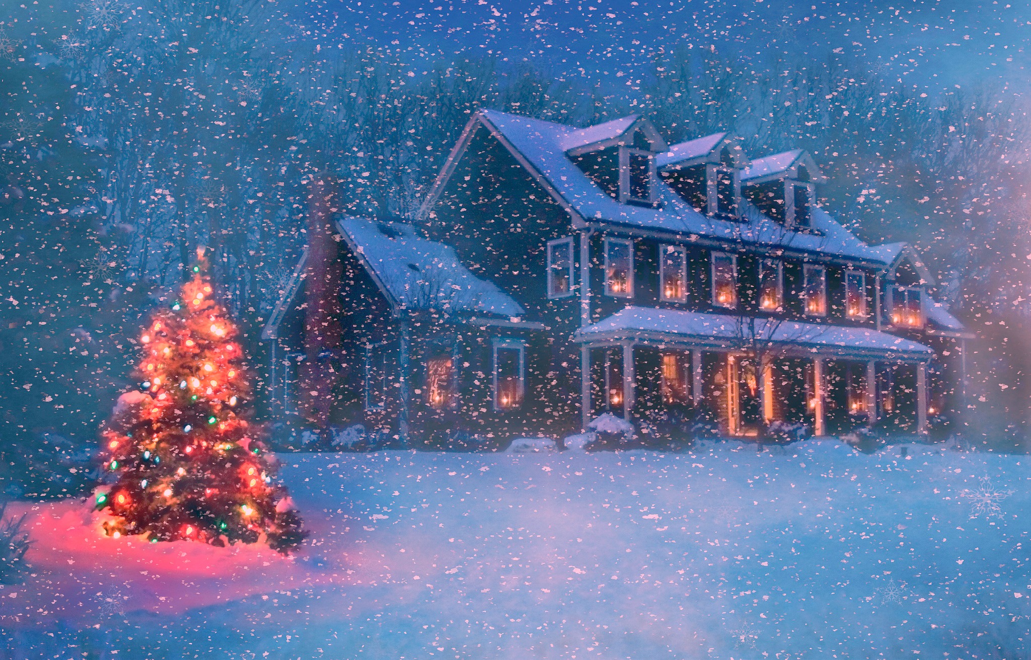 Phone wallpaper: Snowfall, Snow, Christmas Tree, Holiday, Christmas, House, Light 802693